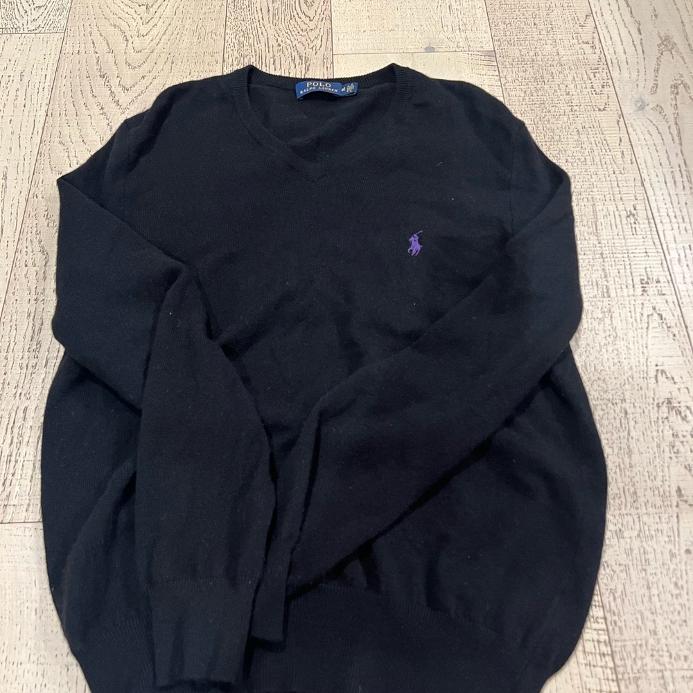 Polo by Ralph Lauren Black V-Neck Sweater with Purple Logo